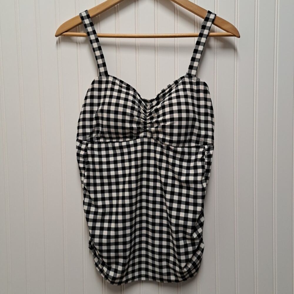 Beach Bump Maternity Tankini Top Womens L Black White Gingham Ruched Sides Swim